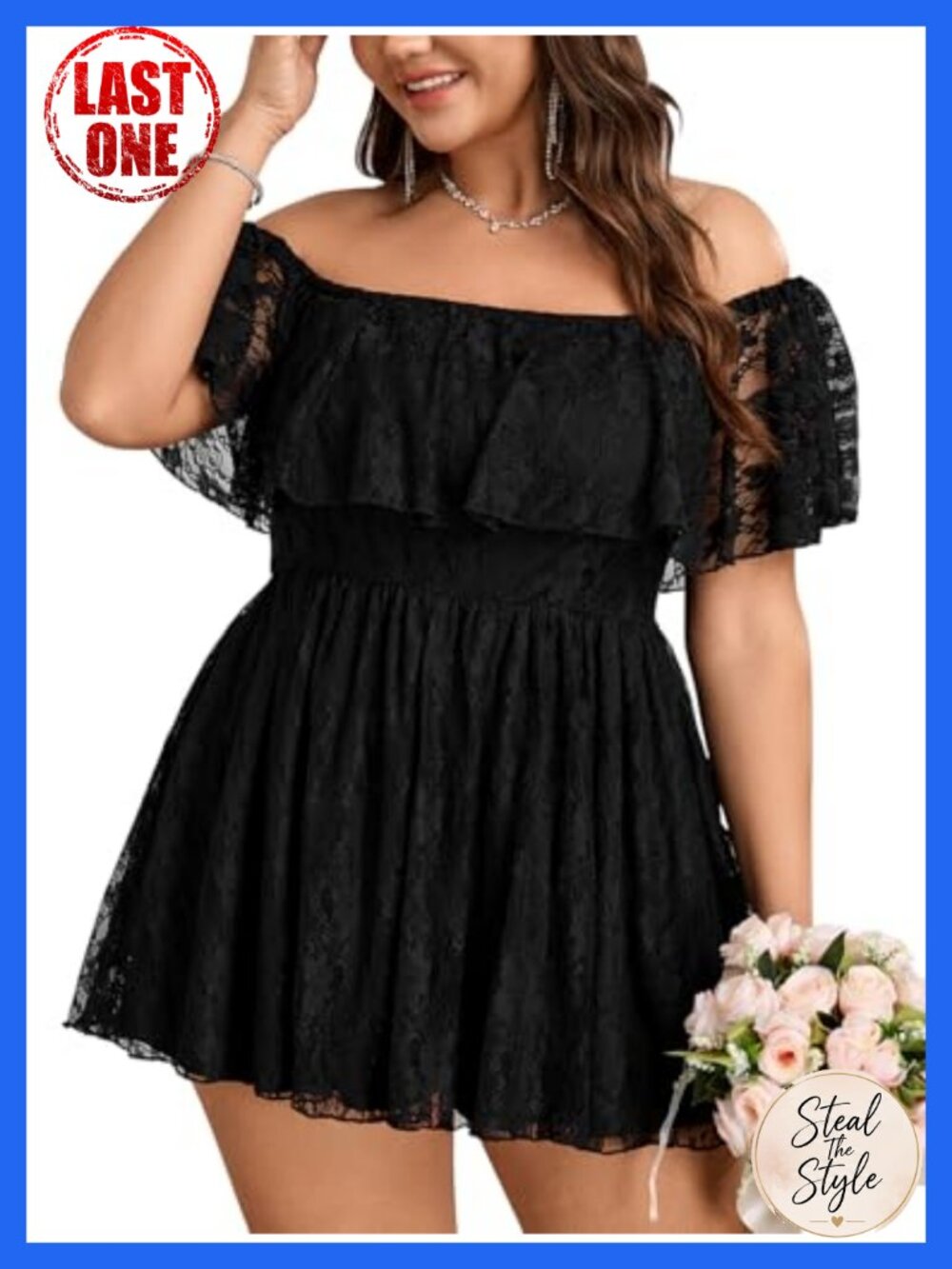 Plus Size Off Shoulder Lace Romper Jumpsuit with Sleeves & Pockets
